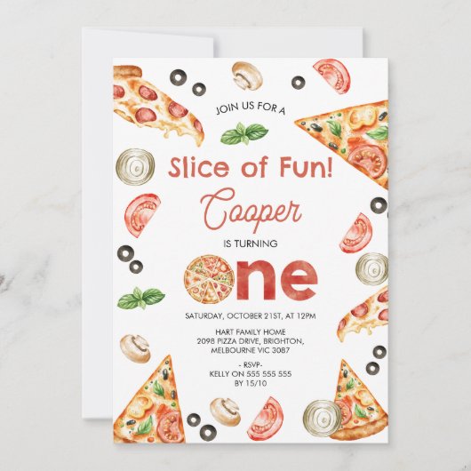 ヴィンテージ赤いフォトピザスライスおもしろい1st誕生日 招待状 (正面)