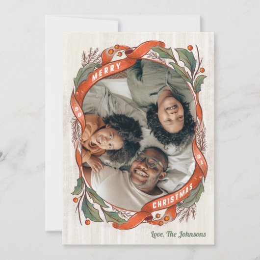 ヴィンテージ赤いリボンのホリー写真 シーズンカード (正面)