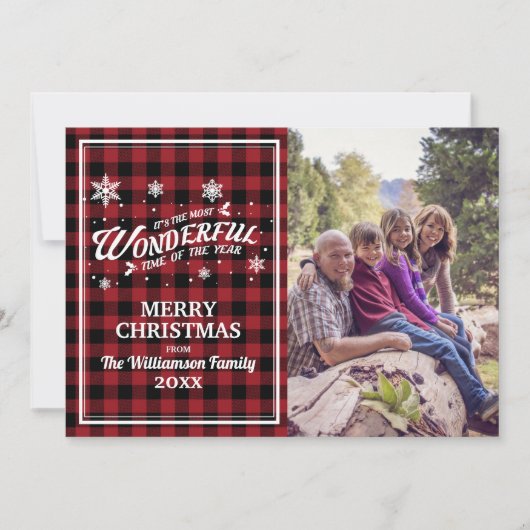 ヴィンテージ赤い格子模様のクリスマスフォトグリーティングカード 招待状 (正面)