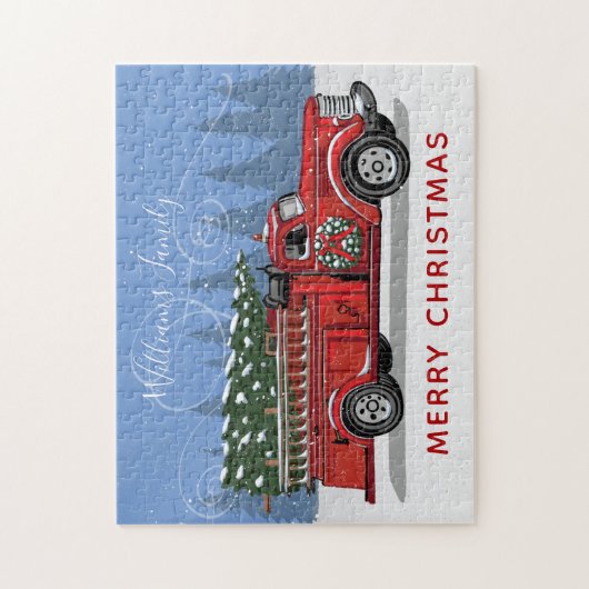 ヴィンテージ赤い消防車クリスマスツリーファミリー名 ジグソーパズル (縦)