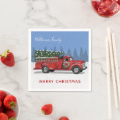 ヴィンテージ赤い消防車クリスマスツリーファミリー名 スタンダードカクテルナプキン (インサイチュ)