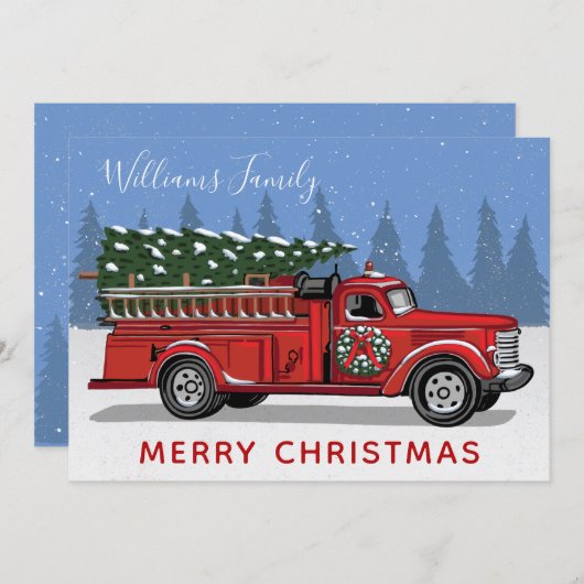 ヴィンテージ赤い消防車クリスマスツリーモノグラム シーズンカード (正面/裏面)