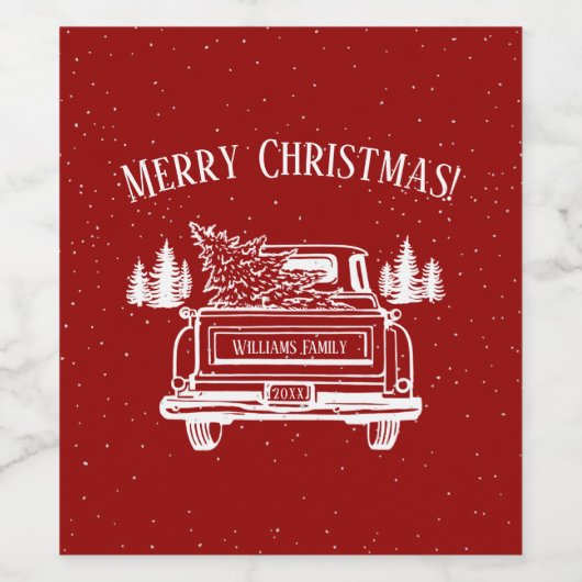 ヴィンテージ赤い白いトラックのメリークリスマスネーム ワインラベル (シングルラベル)