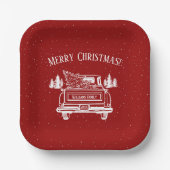 ヴィンテージ赤い白いトラックのメリークリスマス ペーパープレート (正面)