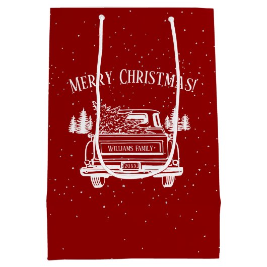 ヴィンテージ赤い白いトラックのメリークリスマス ミディアムペーパーバッグ (裏面)