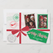 ヴィンテージ赤い緑のギフトボウフォトメリークリスマス シーズンカード (正面)