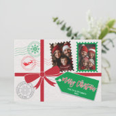 ヴィンテージ赤い緑のギフトボウフォトメリークリスマス シーズンカード (スタンド正面)