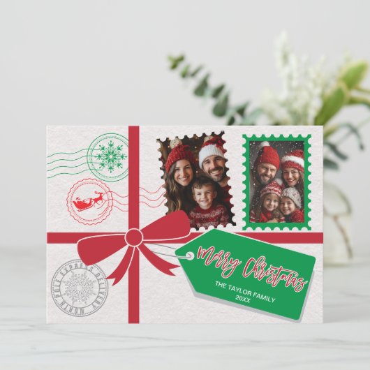 ヴィンテージ赤い緑のギフトボウフォトメリークリスマス シーズンカード (スタンド正面)