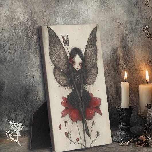 ヴィンテージ赤い花に座る黒い妖精 フォトプラーク