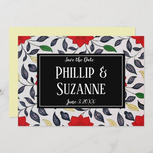 ヴィンテージ赤い花のパターン日付を保存 招待状 (正面/裏面)