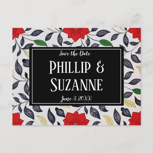 ヴィンテージ赤い花のパターン日付を保存 案内ポストカード (正面)