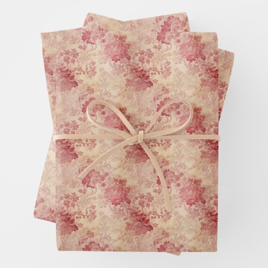 ヴィンテージ赤い花バラと金ゴールドフェイクダマスク ラッピングペーパーシート (インサイチュ)