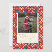 ヴィンテージ赤い青のパターン垂直方向の写真クリスマス シーズンカード (正面)