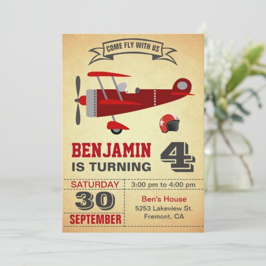 ヴィンテージ赤い飛行機の誕生日パーティーへの招待 招待状 (スタンド正面)