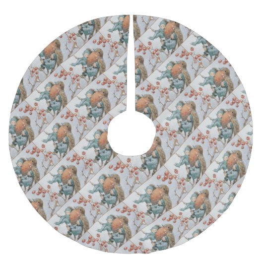 ヴィンテージ赤い鳥と小妖精や小人 ブラッシュドポリエステルツリースカート (正面)