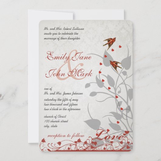 ヴィンテージ赤い鳥のハート銀婚式への招待 招待状 (正面)