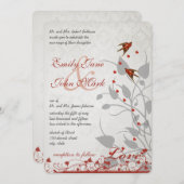 ヴィンテージ赤い鳥のハート銀婚式への招待 招待状 (正面/裏面)