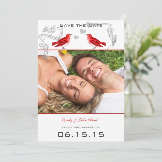 ヴィンテージ赤い鳥の結婚式の日付を保存 招待状 (スタンド正面)