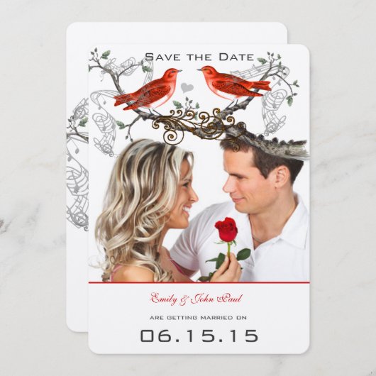 ヴィンテージ赤い鳥の結婚式の日付を保存 招待状 (正面/裏面)