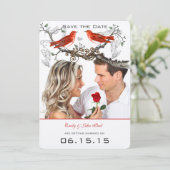 ヴィンテージ赤い鳥の結婚式の日付を保存 招待状 (スタンド正面)