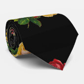 ヴィンテージ赤い黄色のバラと黒 – アクセサリ ネクタイ (ロール)