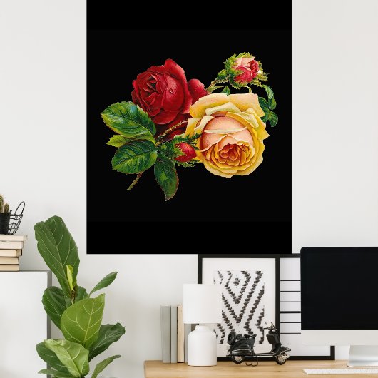 ヴィンテージ赤い黄色のバラと黒 – アクセサリ ポスター (ホームオフィス)