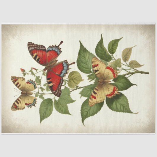 ヴィンテージ赤い黄色の蝶初期ののデコページ 薄葉紙 (正面)