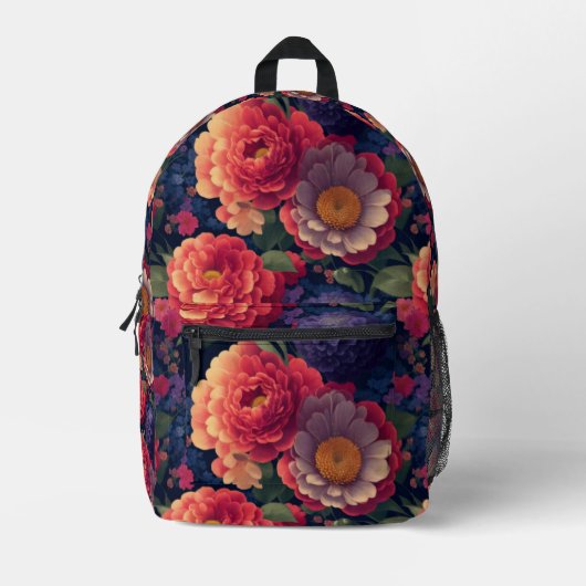 ヴィンテージ赤かわいらし橙紫色のムーム牡丹フローラ プリントバックパック (正面)