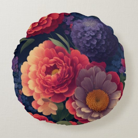 ヴィンテージ赤かわいらし橙紫色のムーム牡丹フローラ ラウンドクッション (正面)