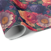 ヴィンテージ赤かわいらし橙紫色のムーム牡丹フローラ ラッピングペーパー (ロールコーナー)