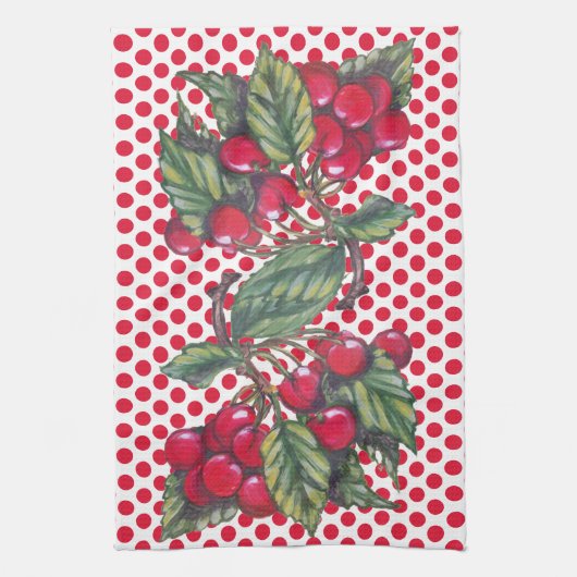 ヴィンテージ赤さくらんぼ水玉模様フルーツパターキュート キッチンタオル (縦)