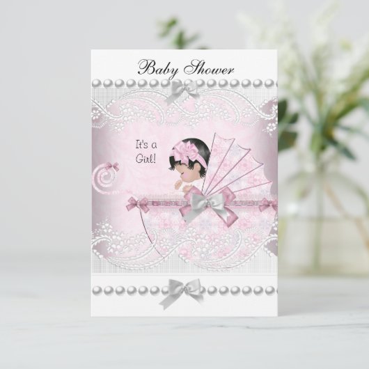 ヴィンテージ赤ちゃんシャワーかわいい女のかわいらし子ピンク 招待状 (スタンド正面)
