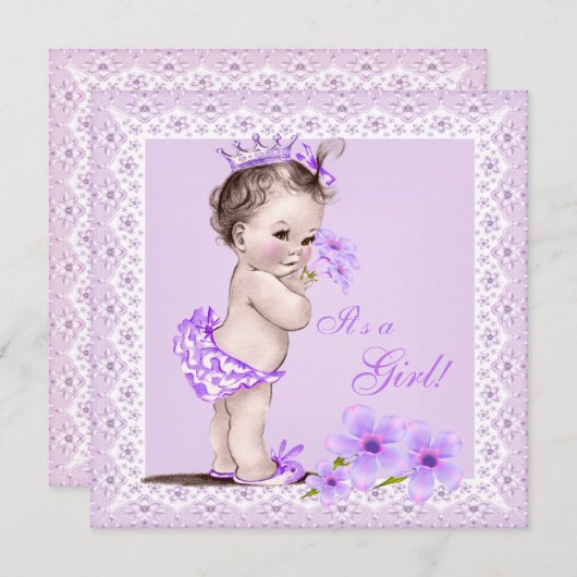 ヴィンテージ赤ちゃんシャワーガールかわいらしラベンダーの花 招待状 (正面/裏面)