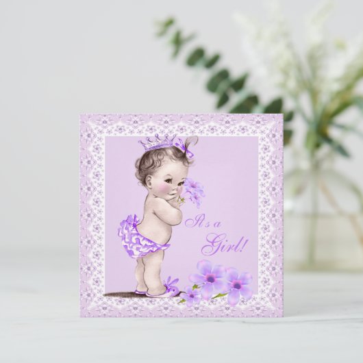 ヴィンテージ赤ちゃんシャワーガールかわいらしラベンダーの花 招待状 (スタンド正面)
