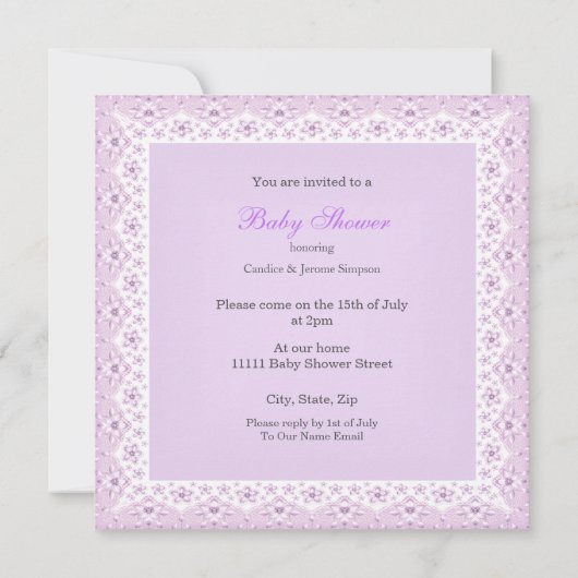 ヴィンテージ赤ちゃんシャワーガールかわいらしラベンダーの花 招待状 (裏面)