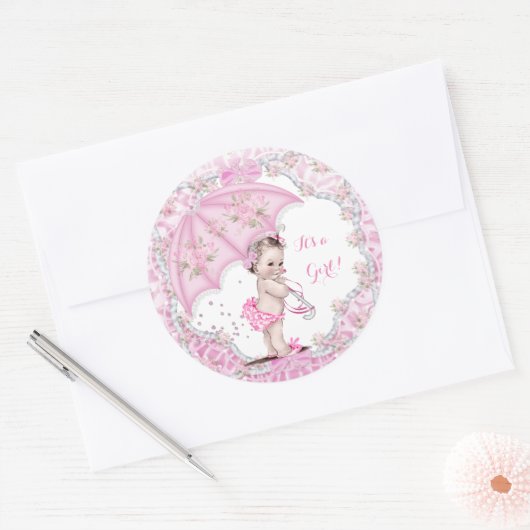 ヴィンテージ赤ちゃんシャワーガールフラワーピンク傘 ラウンドシール (封筒)