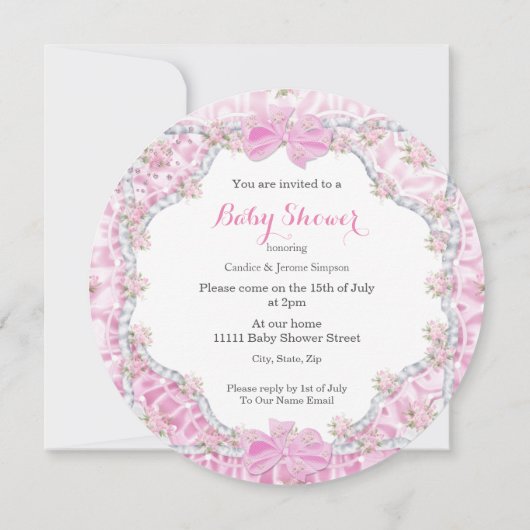 ヴィンテージ赤ちゃんシャワーガールフラワーピンク傘 招待状 (裏面)