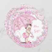 ヴィンテージ赤ちゃんシャワーガールフラワーピンク傘 招待状 (正面/裏面)