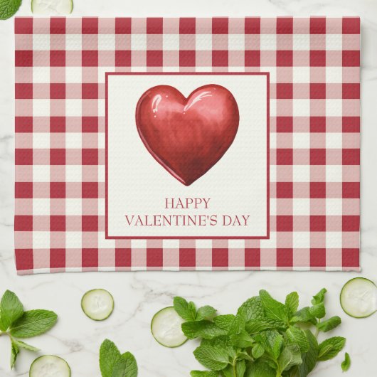 ヴィンテージ赤とクリームジンガムハート キッチンタオル (折り畳み)