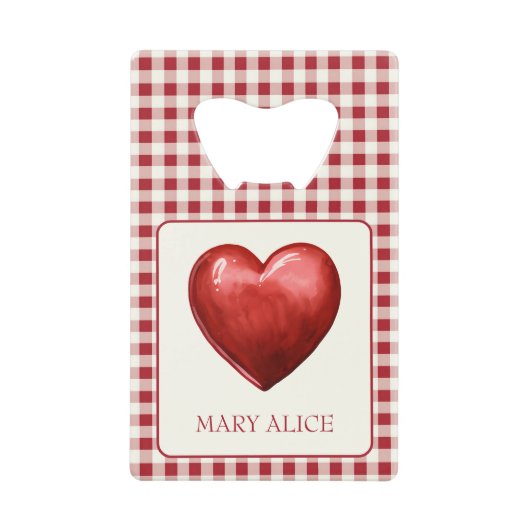 ヴィンテージ赤とクリームジンガムハート クレジットカード栓抜き (正面)