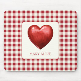ヴィンテージ赤とクリームジンガムハート マウスパッド