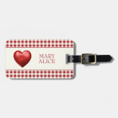 ヴィンテージ赤とクリームジンガムハート ラゲッジタグ (正面横)