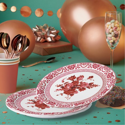 ヴィンテージ赤と白フローラ ペーパープレート (複数)