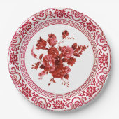ヴィンテージ赤と白フローラ ペーパープレート (正面)