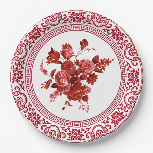 ヴィンテージ赤と白フローラ ペーパープレート (正面)