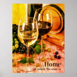 ヴィンテージ赤と白ワイングラス葡萄の樽 ポスター