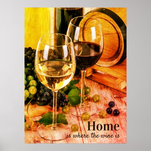 ヴィンテージ赤と白ワイングラス葡萄の樽 ポスター (正面)