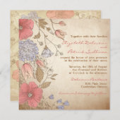 ヴィンテージ赤と紫の花結婚式招待状 招待状 (正面/裏面)