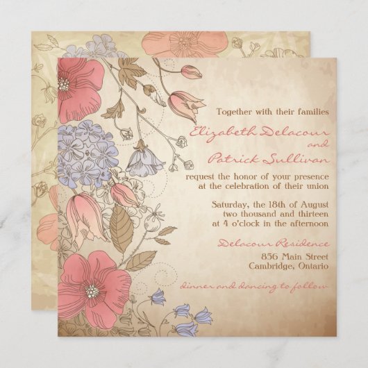 ヴィンテージ赤と紫の花結婚式招待状 招待状 (正面/裏面)