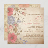 ヴィンテージ赤と紫の花赤ちゃんシャワー 招待状 (正面/裏面)